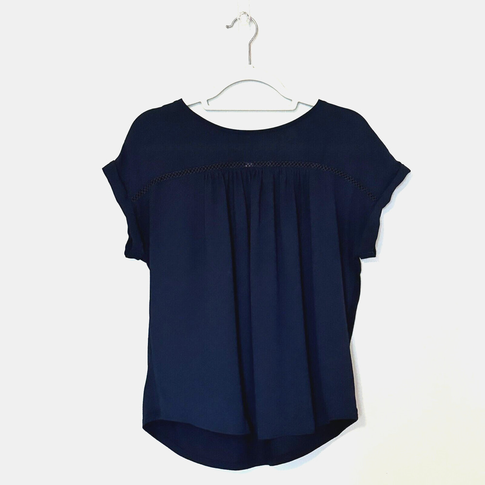 Loft Blouse Womens Small Navy Blue Cutout Neckline Short Sleeve Mixed Media Top